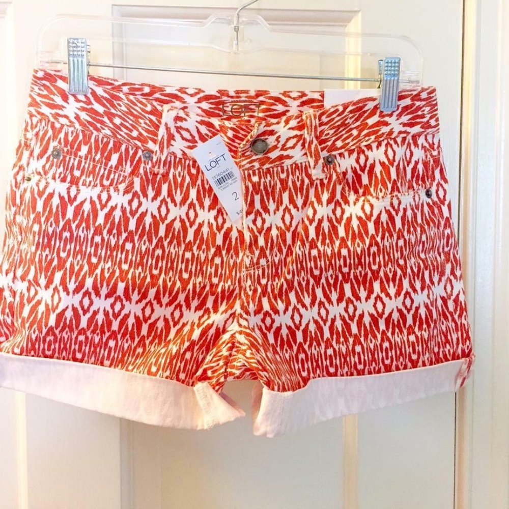 LOFT Tribal Ikat Cuffed Raw Hem Denim Shorts